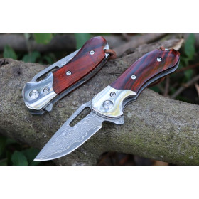 Damascus Steel Blade Red Sandalwood Handle Folding Pocket Hunting Knife UD407695
